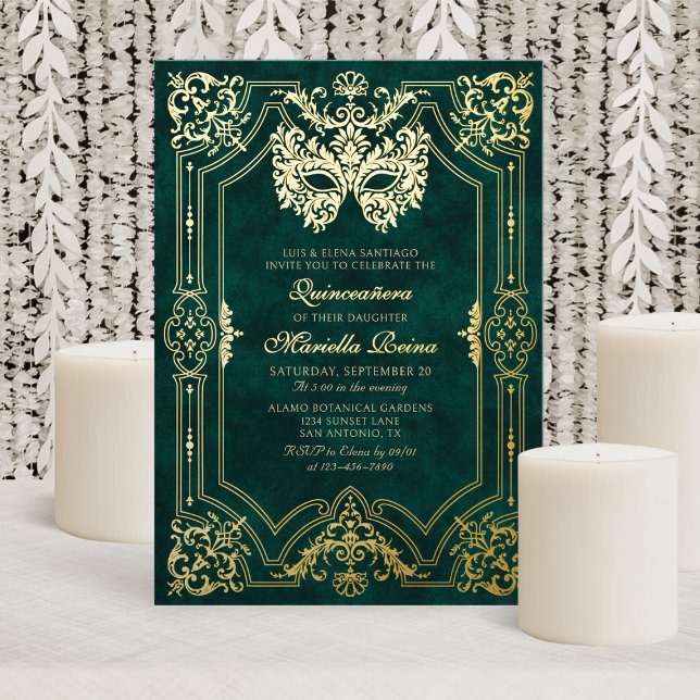 Elegant Green Masquerade Maske Quinceanera Folieneinladung (Von Creator hochgeladen)