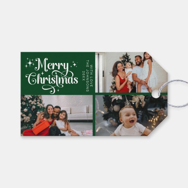 Elegant Green Merry Christmas Family Foto Collage Geschenkanhänger (Vorderseite (Horizontal))