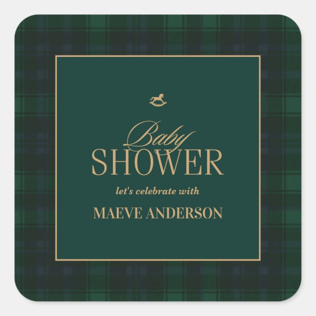 Elegant Green navy gold Plaid tartan Baby shower Quadratischer Aufkleber (Vorderseite)