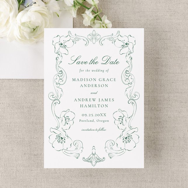 Elegant Green Ornate Floral Frame Wedding Save The Date (Von Creator hochgeladen)