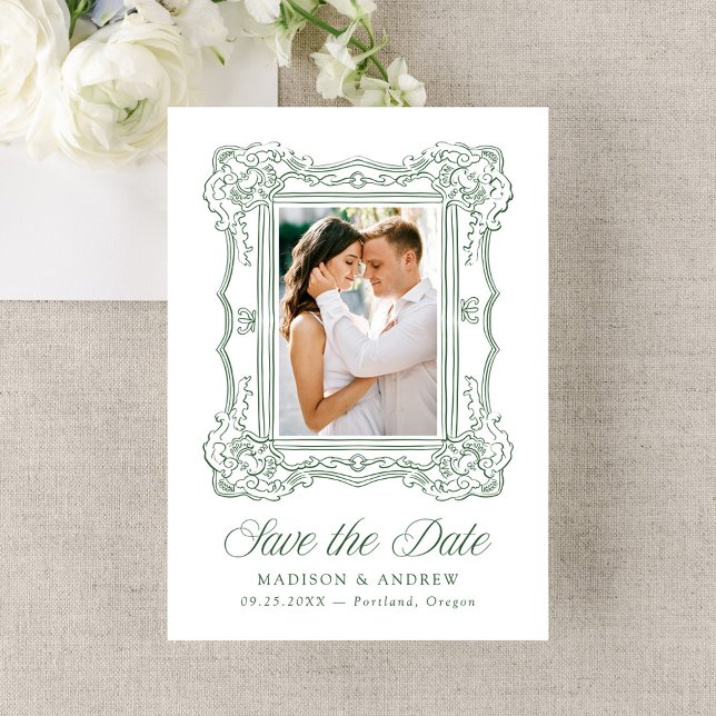 Elegant Green Ornate Frame Photo Wedding Save The Date (Von Creator hochgeladen)