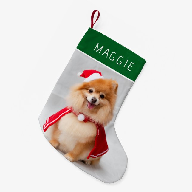 Elegant Green Pet Dog Photo Custom Name Kleiner Weihnachtsstrumpf (Vorderansicht (hängend))