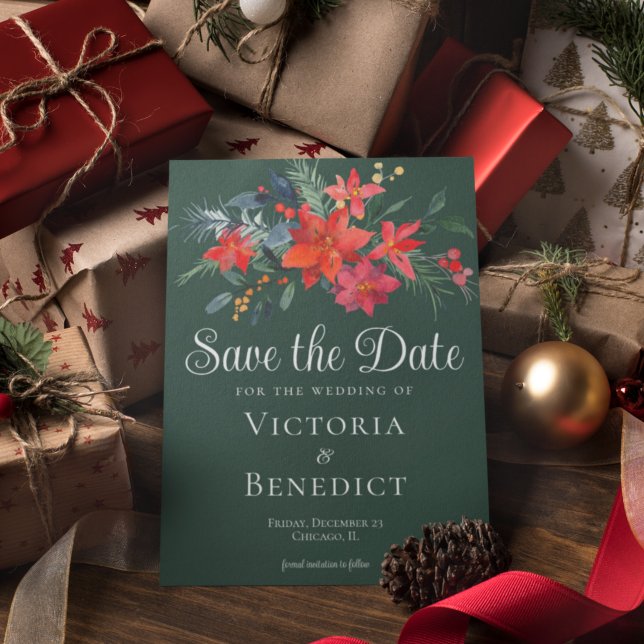 Elegant Green Red Floral Christmas Save the Date Einladung (Von Creator hochgeladen)