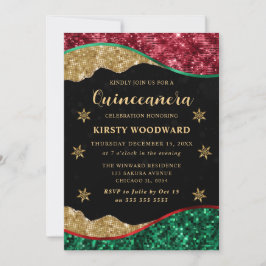 Elegant Green Red & Gold Snowflake Quinceanera Einladung