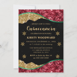 Elegant Green Red & Gold Snowflake Quinceanera Einladung