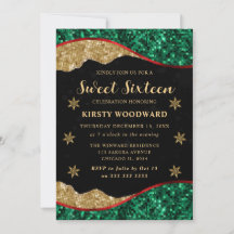 Elegant Green Red & Gold Snowflake Sweet 16