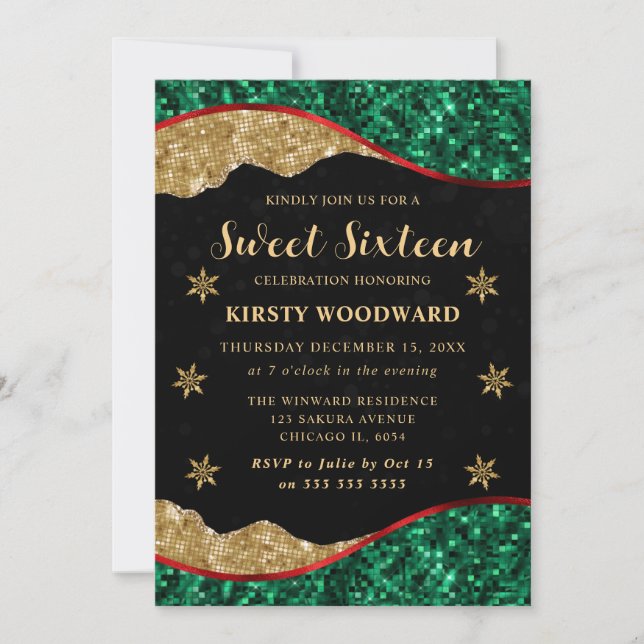 Elegant Green Red & Gold Snowflake Sweet 16 Einladung (Vorderseite)
