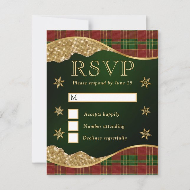Elegant Green & Red Plaid Snowflake Wedding RSVP Karte (Vorderseite)