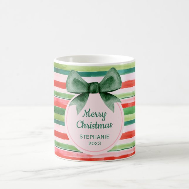 Elegant Green Red Stripes Ribbon Weihnachten Kaffeetasse (Mittel)