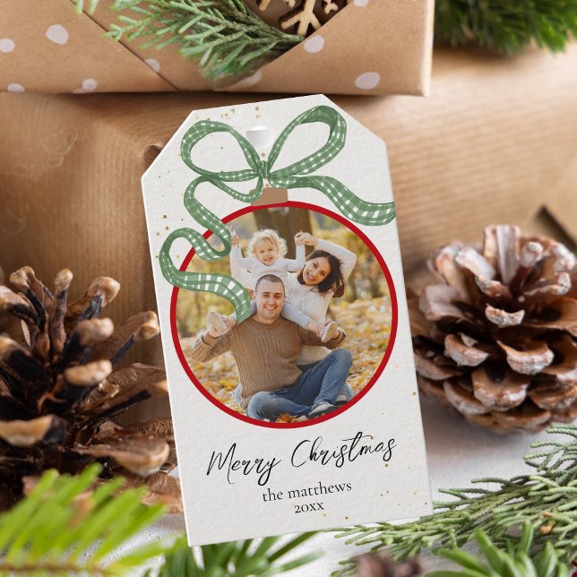 Elegant Green Ribbon Photo Christmas Geschenkanhänger (Von Creator hochgeladen)