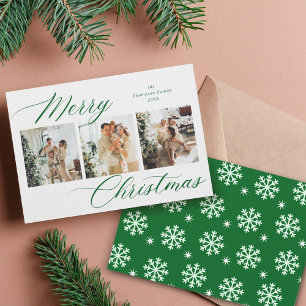 Elegant Green Script Frohe Weihnachtsfoto Collage Feiertagskarte