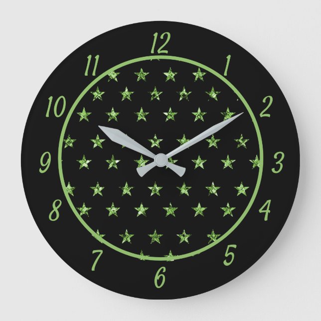 Elegant Green Stars Diamond Gems Glam Sparkle Große Wanduhr (Vorderseite)
