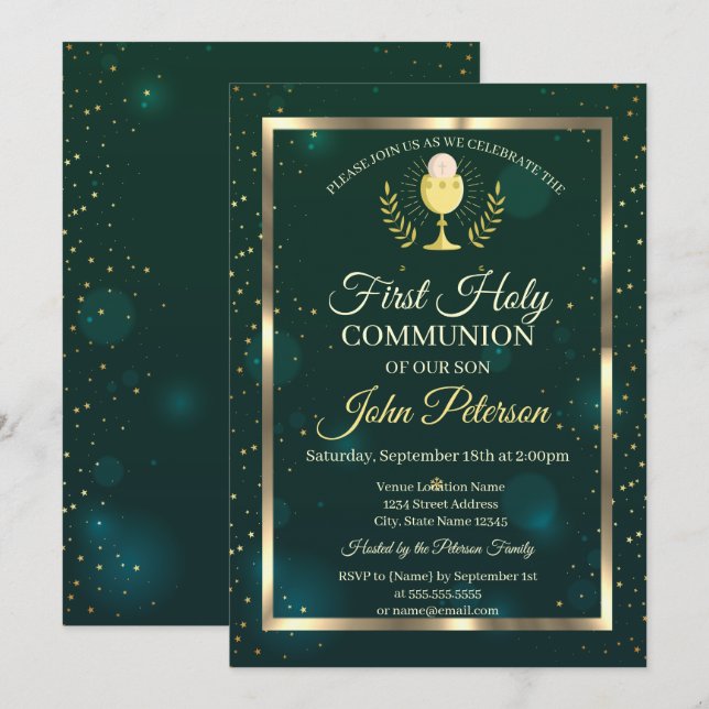 Elegant Green, Stars First Holy Communion Einladung (Vorne/Hinten)