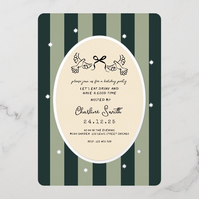 Élégant Green Striped Holiday Party Invitation (Recto)