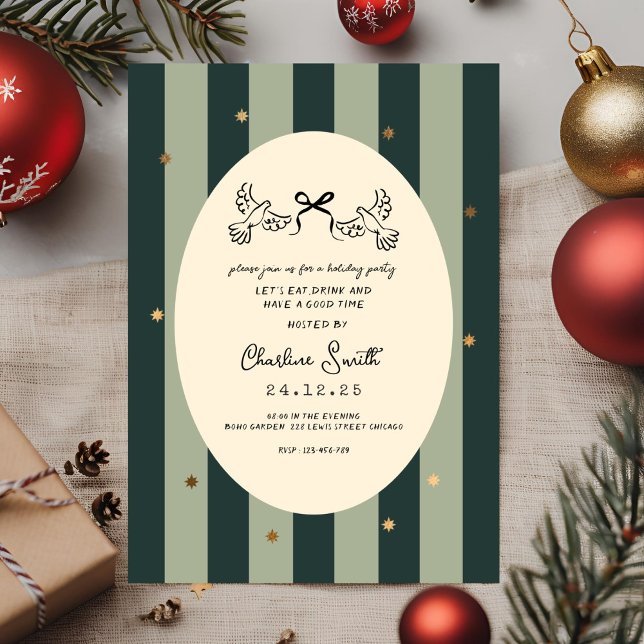 Elegant Green Striped Holiday Party Invitation (Créateur téléchargé)