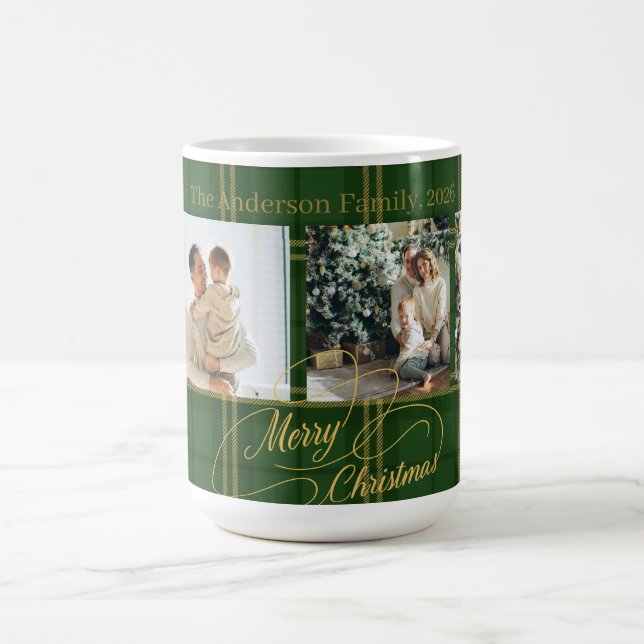 Elegant Green Tartan Family Photo Christmas Card Kaffeetasse (Mittel)