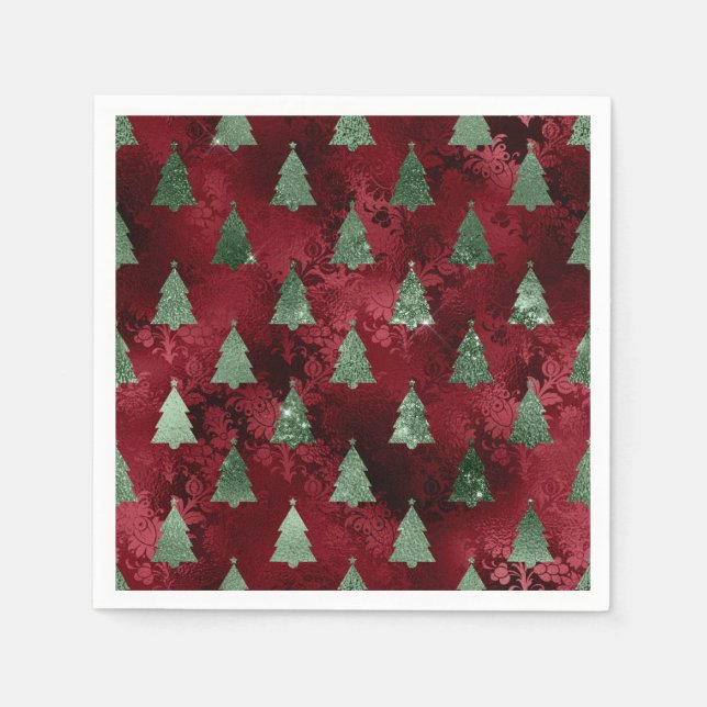 Elegant Green Trees Red Faux Foil Christmas  Serviette (Vorderseite)