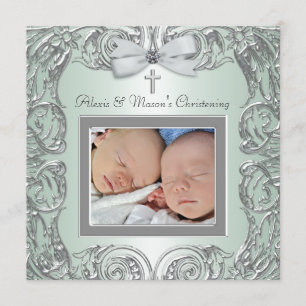 Elégant Green Twins Photo Christening Invitations
