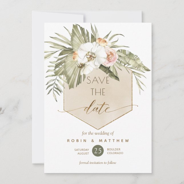 Elegant Green und Beige Palm Blätter Blumen Save The Date (Vorderseite)