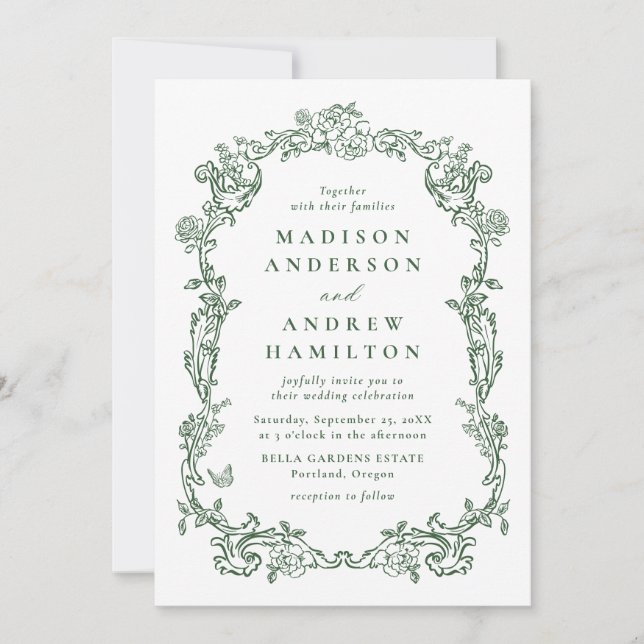 Elegant Green Victorian Floral All in One Wedding Einladung (Vorderseite)