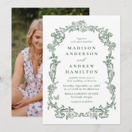 Elegant Green Victorian Floral Photo Wedding Einladung