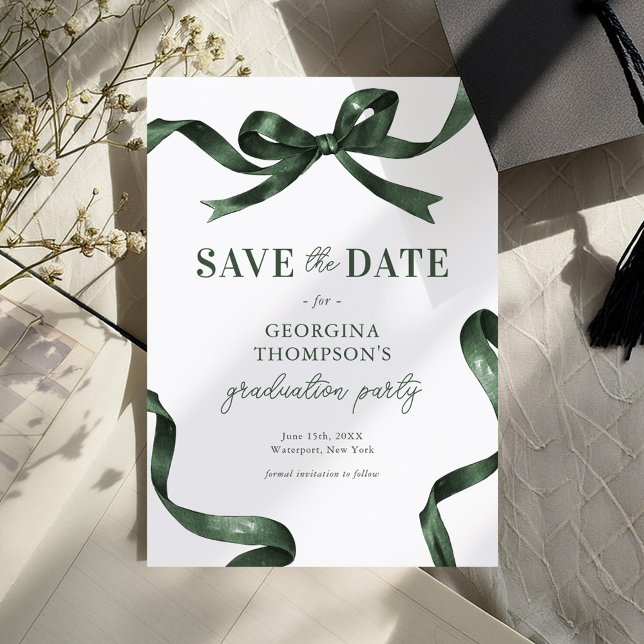 Elegant Green Watercolor Bow Graduation Save The Date (Von Creator hochgeladen)