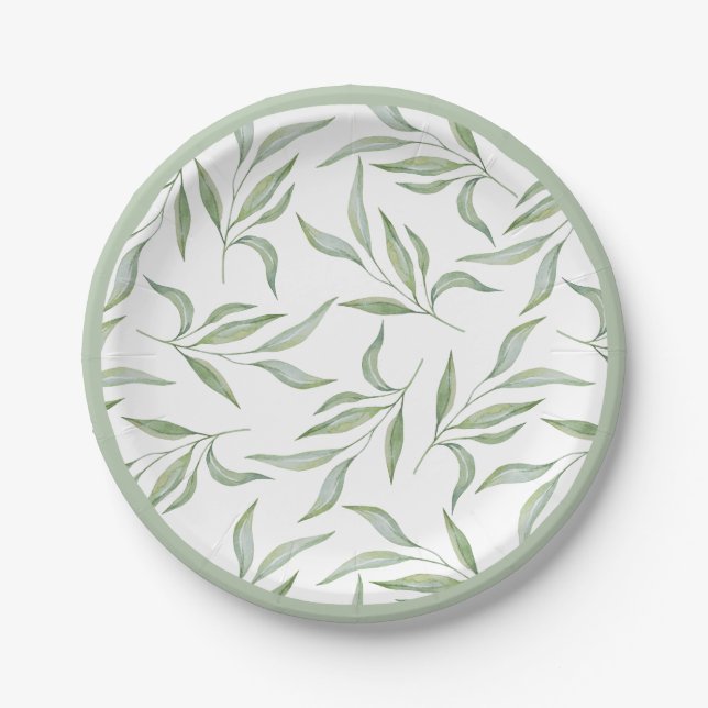 Elegant Green Watercolor Leaves Botanical Pattern Pappteller (Vorderseite)