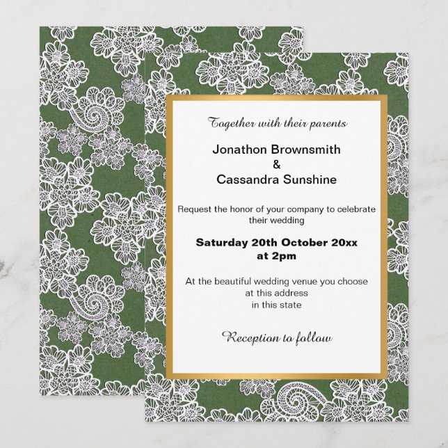 ELEGANT GREEN WHITE LACE WEDING INVITATION EINLADUNG (Vorne/Hinten)