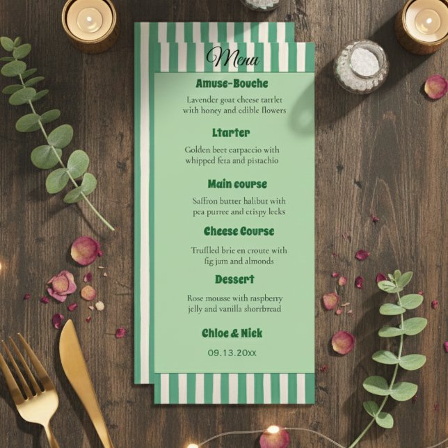 Elegant Green & White Striped Wedding Dinner Menu Menükarte (Von Creator hochgeladen)