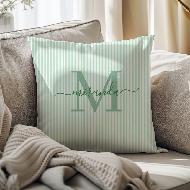 Elegant Green & White Stripes Monogram Name Kissen (Von Creator hochgeladen)