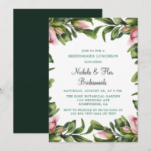 Elegant Green Wreath Pink Bud Bridesmaids Luncheon Einladung