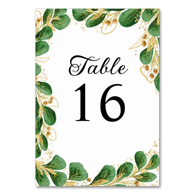 Elegant Greenerity and Gold Leaf Wedding Tischnummer (Rückseite)