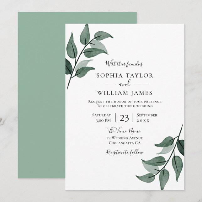 Elegant Greenerity Blätter Spring Wedding Einladung (Vorne/Hinten)