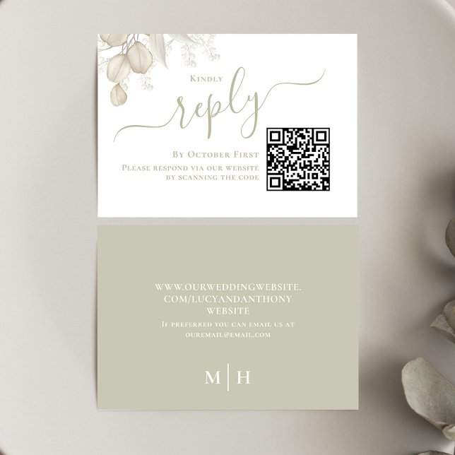Elegant Greenerity Wedding RSVP Response (Simple Wedding reply card with a sage green background and QR code template.)