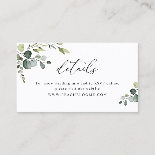 Elegant Greenerity Wedding Website Details Card Visitenkarte (Vorderseite)
