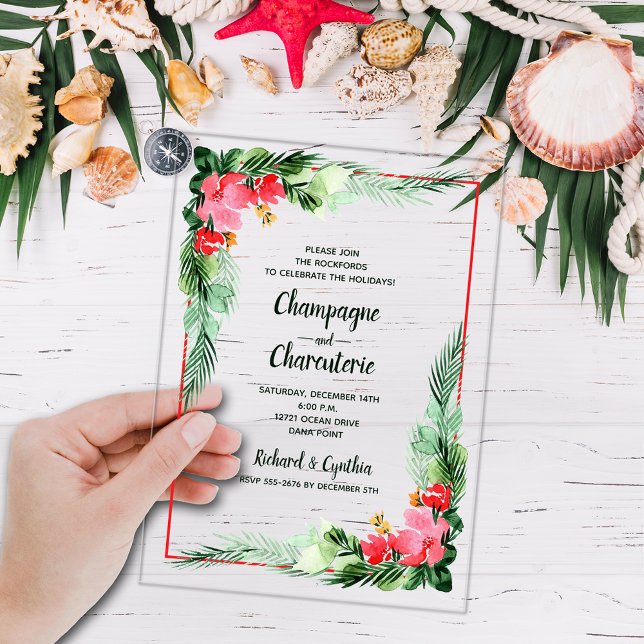 Elegant Greenery and Floral Christmas  Acryleinladungen (Elegant tropical greenery and flowers ACRYLIC Christmas party Invitations)
