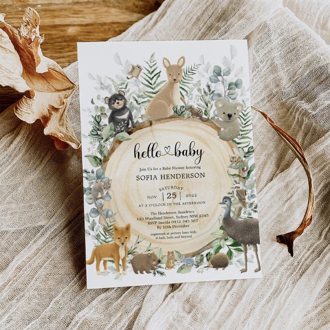 Elegant Greenery Australian Animals Baby Shower in Einladung (Von Creator hochgeladen)