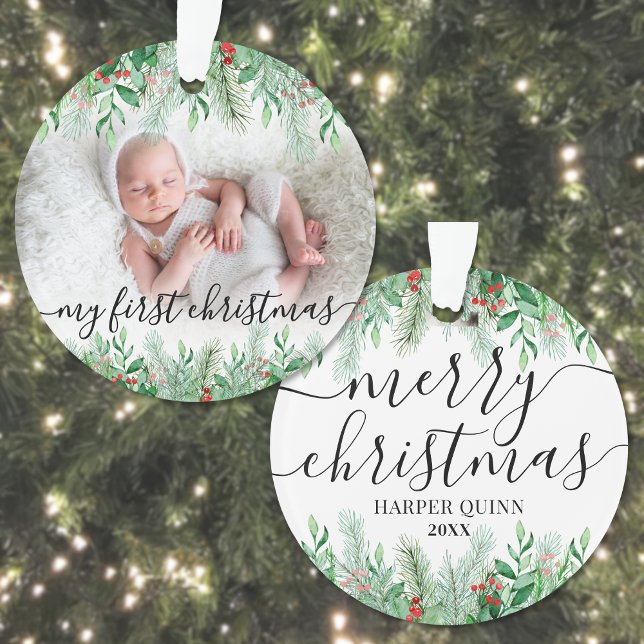 Elegant Greenery Baby Foto Ornament (Elegant Greenery Baby Photo First Christmas Ornament )