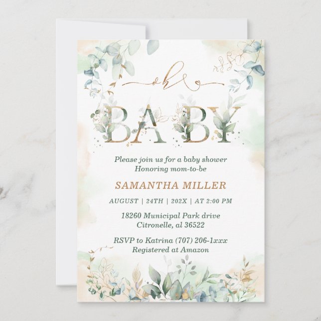 Elegant Greenery Baby Shower Einladung (Vorderseite)