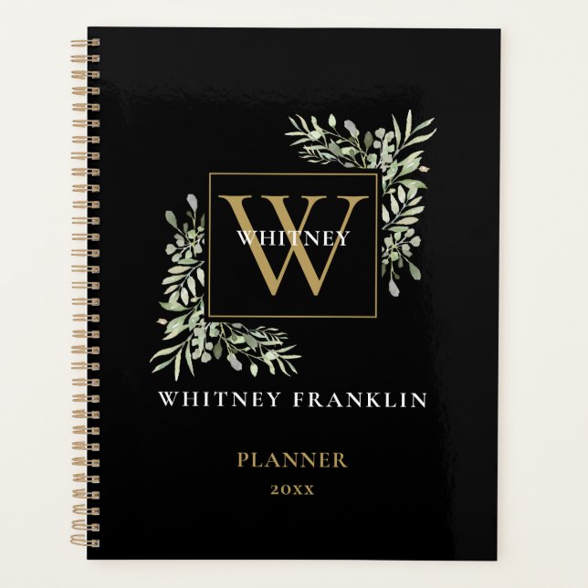 Elegant Greenery Black Gold Monogram 2023 Planer (Vorderseite)
