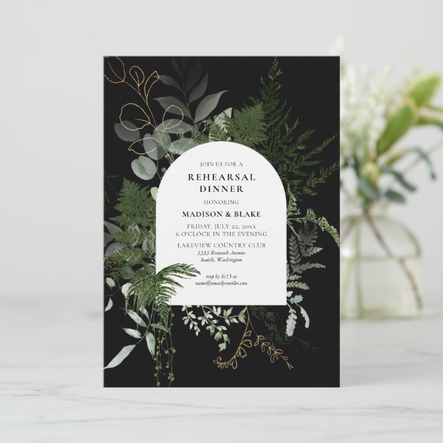 Elegant Greenery Black Wedding Probe Dinner Einladung (Stehend Vorderseite)