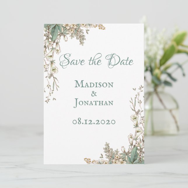 Elegant Greenery Bloral Script Wedding Save The Date (Stehend Vorderseite)