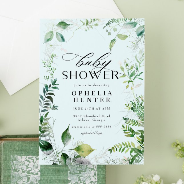 Elegant Greenery Blue Sky Leafy Baby Shower Einladung (Von Creator hochgeladen)