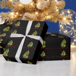 Elegant Greenery Botanical Merry Christmas Black Geschenkpapier