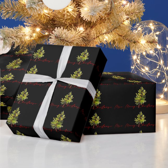 Elegant Greenery Botanical Merry Christmas Black Geschenkpapier (Feiertage)