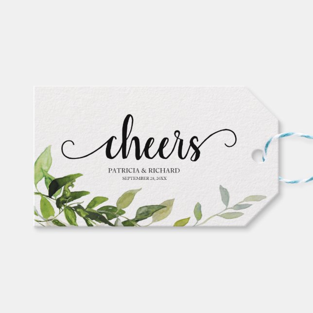 Elegant Greenery Cheers Weinflaschen Tags Geschenkanhänger (Vorderseite (Horizontal))