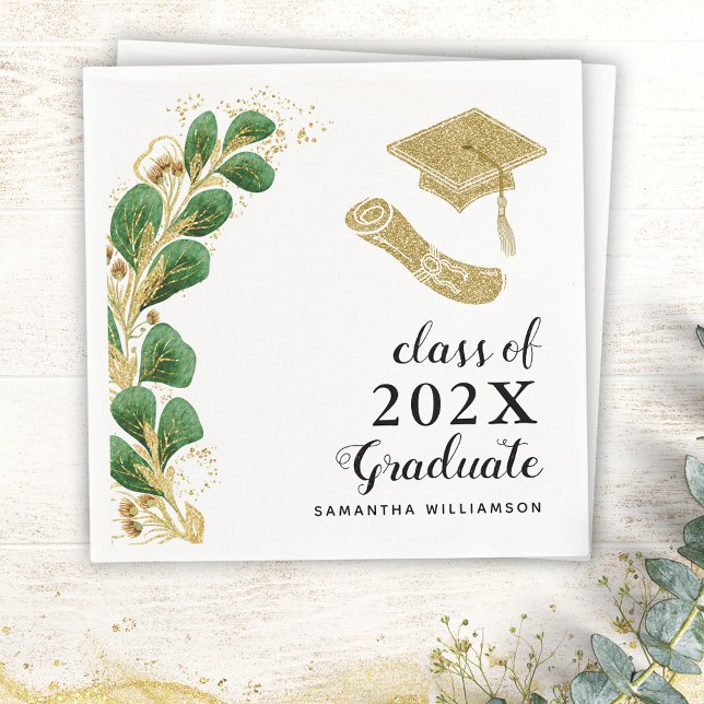 Elegant Greenery Class of 2025 Abschluss Serviette (Custom Elegant Graduation Napkins with Greenery, Grad's Cap and Diploma Illustrations)