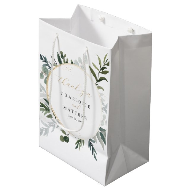 Elegant Greenery | Danke, Gold Wedding Mittlere Geschenktüte (Vorderseite Schrägansicht)