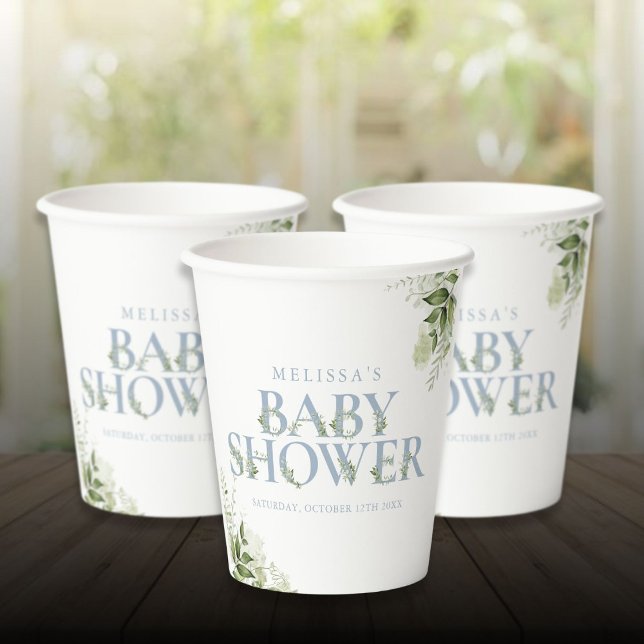 Elegant Greenery Dusty Blue Baby Shower Pappbecher (Elegant Greenery Dusty Blue Baby Shower Paper Cups)