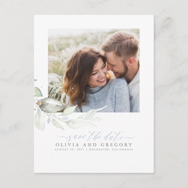 Elegant Greenery Dusty Blue Save the Date Foto Ankündigungspostkarte (Vorderseite)